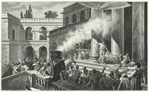 Marc Antoine provoque une émeute avec son oraison funèbre lors des funérailles de Jules César, 44 av. J.-C. (gravure)