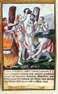 Martyr de Jean de Brébeuf et Gabriel Lalemant par les Iroquois, en Nouvelle-France 1649, du Martyrologe des Jésuites, 1688 - German School
