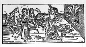 Martyr de Saint Polycarpe de Smyrne (ca. 69-155), évêque. Gravure du "Leben der Heiligen - Sommerteil (livre des saints)" par Jacobus (Jacques) de Voragine (1228-1298) - German School
