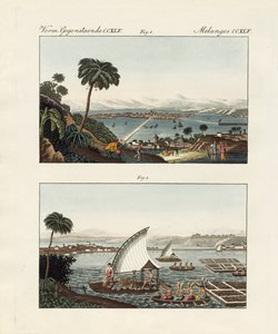 Mexico avec ses décors et jardins flottants (gravure en couleur)