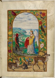 Ms Harley 3469, f.18 Reine offrant une robe à un homme dans une piscine, la Quatrième Parabole, de 