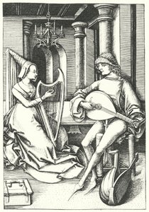 Musiciens jouant du luth et de la harpe dans une maison de campagne au XVe siècle - German School
