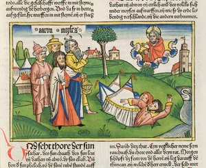 Nombres 16:32 La Terre engloutit les rebelles Dathan et Abiram, de la Bible de Nuremberg (Biblia Sacra Germanaica)