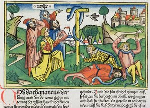 Nombres 21:4-9 Des serpents venimeux mordent les Israélites rebelles, de la Bible de Nuremberg (Biblia Sacra Germanaica) - German School