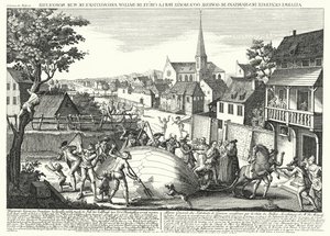 Paysans attaquant le ballon de Jacques Charles et des frères Robert après son atterrissage à Gonesse, le 27 août 1783 (gravure) - German School