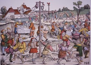 Paysans dansant (gravure colorée à la main) - German School