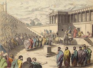 Représentation de la pièce Agamemnon dans un théâtre en Grèce antique (gravure en couleur) - German School