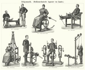 Physiothérapie : appareil de mécanothérapie inventé par le médecin et orthopédiste suédois Gustav Zander (gravure) - German School