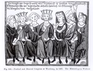 Congrès Poétique et Musical, Wartburg, 1207, illustration de Science et Littérature au Moyen Âge et à la Renaissance, écrit et gravé par Paul Lacroix, 1878
