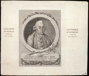 Portrait de Carl Philipp Emanuel Bach (1714-88) gravé par C. D. Krohn, 1788 - German School