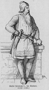 Portrait de Frédéric Ier de Hohenstaufen dit Frédéric Barberousse (1122-1190), empereur romain germanique. Gravure dans « Kaiser, König und Papst » par Richard Roth - German School