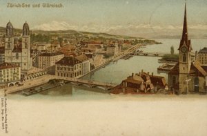 Carte postale représentant une vue générale de la ville de Zurich - German School