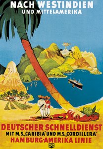 Affiche publicitaire pour les routes de la Hamburg-Amerika Linie vers les Antilles et l