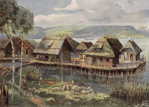 Village lacustre préhistorique européen (lithographie couleur)