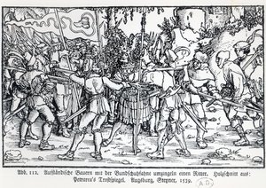 Paysans rebelles entourant un chevalier, d