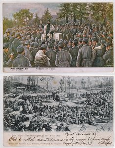 Services religieux sur le champ de bataille, image du haut montrant des soldats juifs allemands en prière pendant la Première Guerre mondiale, en bas un service de Yom Kippour à Metz pendant la guerre franco-prussienne de 1870 (couleur)