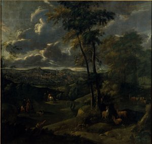 Cavalier dans un paysage avec une ville