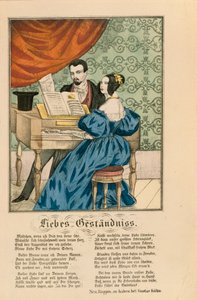 Scène montrant un couple au piano, avec un poème d