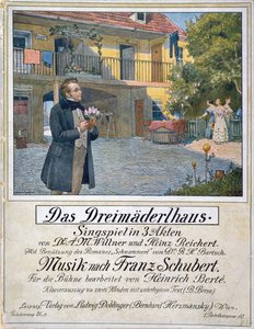 Couverture de partition de Das Dreimaederlhaus (La Maison des Trois Filles) représentant Schubert devant la maison, 1916 - German School