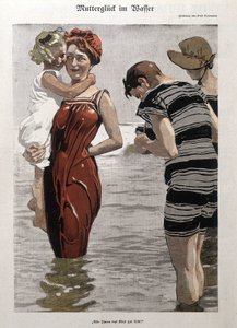 Bain de mer : une femme et sa fille en maillot de bain - German School