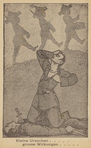 Petites causes, grands effets. Illustration allemande contre la guerre, publiée par la WILPF (Ligue internationale des femmes pour la paix et la liberté), fin des années 1920 (lithographie). - German School