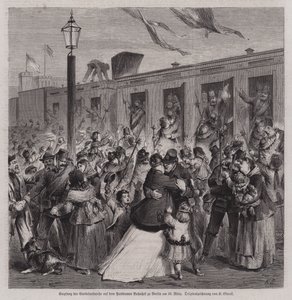 Soldats de la Gardelandwehr prussienne accueillis à la gare de Potsdam, Berlin, à leur retour de la guerre franco-prussienne, 22 mars 1871 - German School
