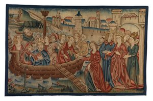 Panneau de tapisserie représentant la Rencontre de Sainte Ursule et du Prince Artherius à Mayence, de la Moyenne-Rhénanie, fin du 15e siècle - German School