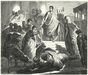 Tarquinius Superbus assassinant son beau-père, Servius Tullius, pour revendiquer le trône romain (gravure) - German School
