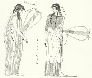 Le poète grec ancien Alcée et son amante Sappho (gravure) - German School