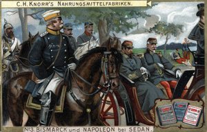La bataille de Sedan, guerre de 1870 : le général Otto von Bismarck (1815-1898), roi de Prusse, escorte l