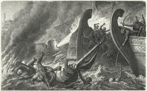 Les Byzantins utilisant le feu grégeois contre une flotte arabe attaquante - German School