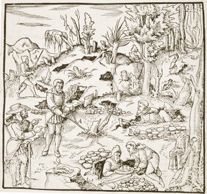 La baguette divinatoire, de Bergwerk Buch par Georg Agricola, Francfort 1580, illustré dans une Histoire de la Magie, publié à la fin du 19e siècle - German School