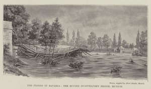 Les inondations en Bavière, le pont Bogenhausen en ruines, Munich (lithographie) - German School