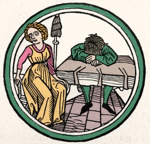 Les Quatre Tempéraments : Mélancolique (triste et déprimé). Xylographie, Augsbourg 1480