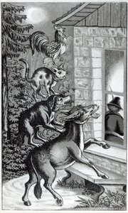 Les quatre animaux criant à la fenêtre, illustration pour Les Musiciens de Brême, conte des frères Grimm - German School