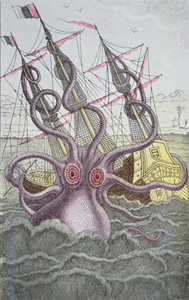 Le Kraken entraîne un navire vers le fond (gravure en couleur) - German School