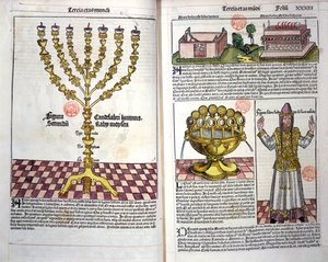 La Menorah et un prêtre hébreu, de la Chronique de Nuremberg par Hartmann Schedel (1440-1514) 1493 - German School
