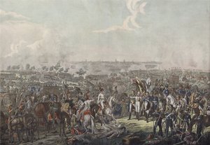 Le prince de Schwarzenberg apportant la nouvelle de la victoire à la bataille de Leipzig aux souverains alliés le soir du 18 octobre 1813 - German School