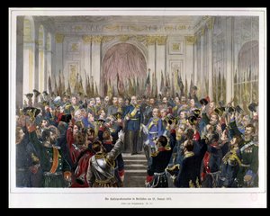 La Proclamation de Guillaume comme Kaiser du nouvel Empire allemand, dans la Galerie des Glaces à Versailles le 18 janvier 1871, 1871 (gravure en couleur) - German School