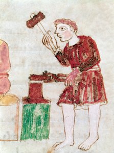 Le forgeron battant le fer sur une enclume miniature du manuscrit « De Universo » - German School