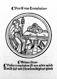 Les quatre tempéraments : mélancolique (triste et déprimé). Xylographie, Augsbourg 1480. - German School