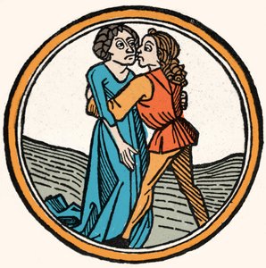 Les quatre tempéraments : le sang (chaud et aimable). Xylographie, Augsbourg 1480.