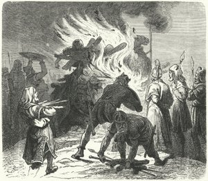 Le légendaire roi suédois Sigurd Hring brûlant le corps de Harald Wartooth après la bataille de Bravellir - German School