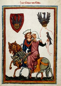 Les plaisirs de la chasse : le roi Conradin de Hohenstaufen, roi de Sicile et de Jérusalem sous le nom de Conrad II, duc de Souabe sous le nom de Conrad III et roi des Romains sous le nom de Conrad V (1252-1268) chassant au faucon - German School