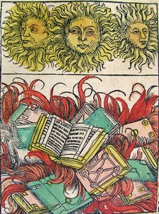 Trois soleils et brûlage de livres, publié dans la Chronique de Nuremberg, 1493 - German School