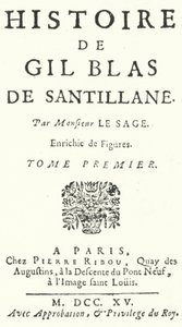 Page de titre de la première édition de Gil Blas par le romancier et dramaturge français Alain-René Lesage, publiée en 1715 - German School