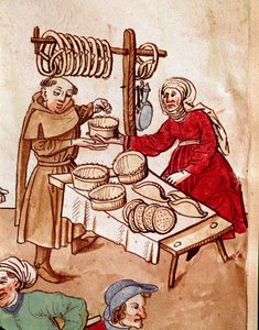 Commerce : un marchand de pain. Miniature des « Chroniques du Concile de Constance » par Ulrich Richental (1360-1437) vers 1438 Prague, Bibliothèque nationale - German School