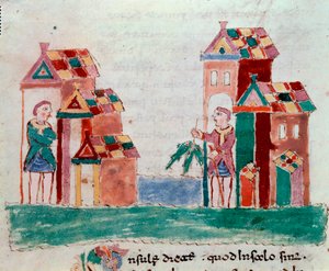 Commerce : le vendeur de poissons. Miniature tirée du manuscrit « De Universo » ou « De rerum naturis » (De la nature des choses) par Rabanus Maurus Magnentius (ca. 780-856). IXe siècle. Archives de l