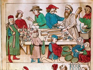 Commerce : scène de marche. Miniature des Chroniques du Concile de Constance par Ulrich Richental (1360-1437) 1438 environ Prague, bibliothèque nationale