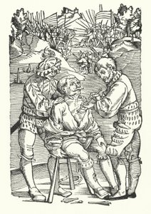 Soigner un soldat blessé sur le champ de bataille (gravure) - German School